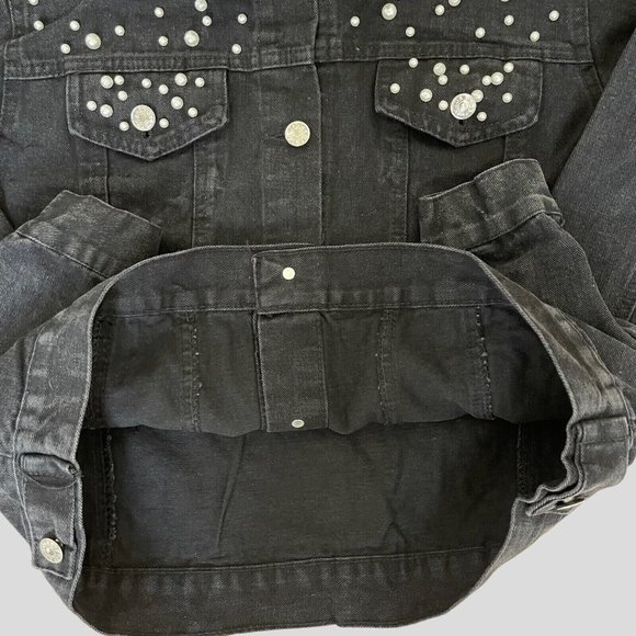 Womens Wash Denim Jackets Large Black White Mid Length Decorated With Pearls - Picture 15 of 16